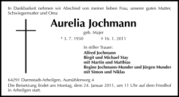 Traueranzeige von Aurelia Jochmann von Darmstädter Echo, Odenwälder Echo, Rüsselsheimer Echo, Groß-Gerauer-Echo, Ried Echo