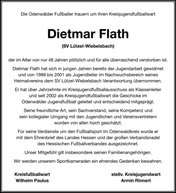 Traueranzeige von Dietmar Flath von Odenwälder Echo
