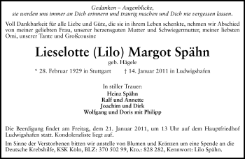 Traueranzeige von Lieselotte Margot Spähn von Echo-Zeitungen (Gesamtausgabe)