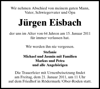 Traueranzeige von Jürgen Eisbach von Echo-Zeitungen (Gesamtausgabe)