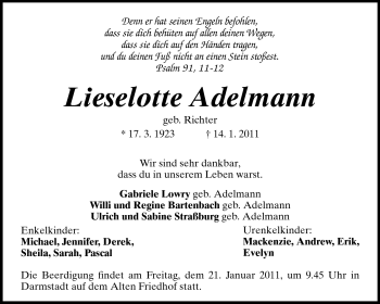 Traueranzeige von Lieselotte Adelmann von Darmstädter Echo, Odenwälder Echo, Rüsselsheimer Echo, Groß-Gerauer-Echo, Ried Echo