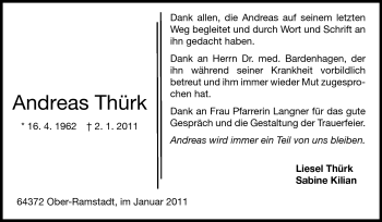 Traueranzeige von Andreas Thürk von Darmstädter Echo, Odenwälder Echo, Rüsselsheimer Echo, Groß-Gerauer-Echo, Ried Echo