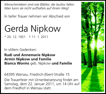 Traueranzeige von Gerda Nipkow von Odenwälder Echo