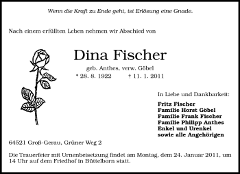 Traueranzeige von Dina Fischer von Rüsselsheimer Echo, Groß-Gerauer-Echo, Ried Echo