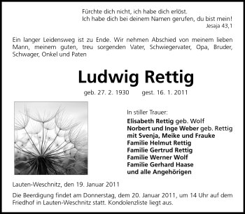 Traueranzeige von Ludwig Rettig von Starkenburger Echo