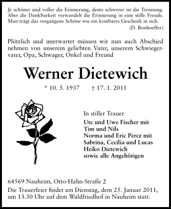 Traueranzeige von Werner Dietewich von Rüsselsheimer Echo, Groß-Gerauer-Echo, Ried Echo
