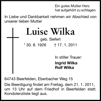 Traueranzeige von Luise Wilka von Odenwälder Echo