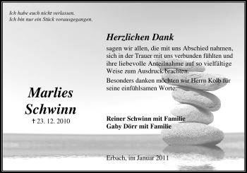 Traueranzeige von Marlies Schwinn von Odenwälder Echo