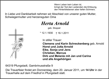 Traueranzeige von Arnold Herta von Echo-Zeitungen (Gesamtausgabe)