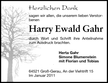 Traueranzeige von Harry Ewald Gahr von Rüsselsheimer Echo, Groß-Gerauer-Echo, Ried Echo