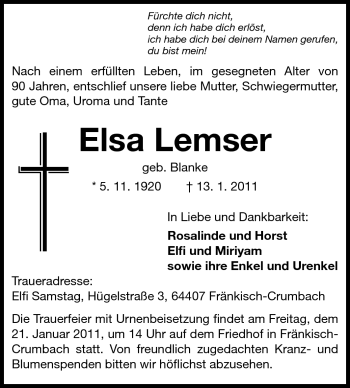 Traueranzeige von Elsa Lemser von Odenwälder Echo