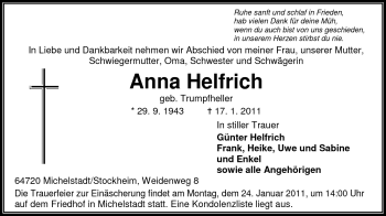 Traueranzeige von Anna Helfrich von Odenwälder Echo