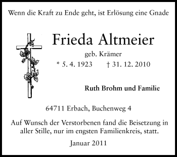 Traueranzeige von Altmeier Frieda von Odenwälder Echo