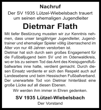 Traueranzeige von Dietmar Flath von Odenwälder Echo