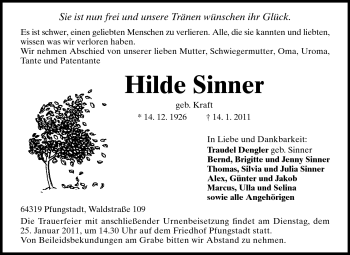 Traueranzeige von Hilde Sinner von Echo-Zeitungen (Gesamtausgabe)