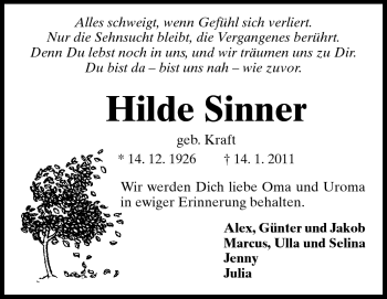 Traueranzeige von Hilde Sinner von Echo-Zeitungen (Gesamtausgabe)
