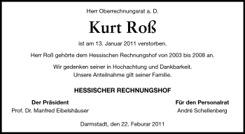 Traueranzeige von Kurt Ross von Darmstädter Echo, Odenwälder Echo, Rüsselsheimer Echo, Groß-Gerauer-Echo, Ried Echo
