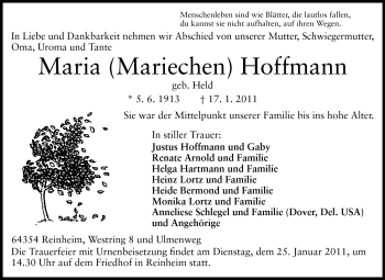 Traueranzeige von Maria Hoffmann von Darmstädter Echo, Odenwälder Echo, Rüsselsheimer Echo, Groß-Gerauer-Echo, Ried Echo