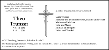 Traueranzeige von Theo Trunzer von Odenwälder Echo