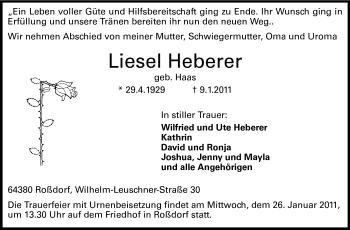 Traueranzeige von Liesel Heberer von Echo-Zeitungen (Gesamtausgabe)