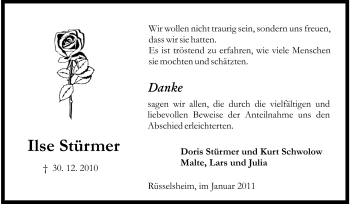 Traueranzeige von Ilse Stürmer von Rüsselsheimer Echo, Groß-Gerauer-Echo, Ried Echo