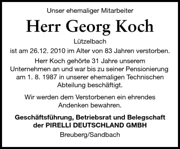 Traueranzeige von Georg Koch von Odenwälder Echo