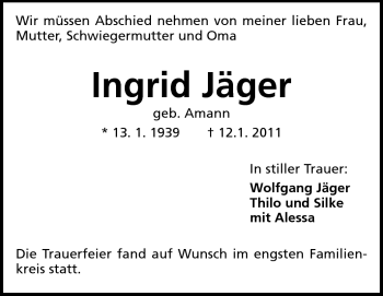Traueranzeige von Ingrid Jäger von Darmstädter Echo, Odenwälder Echo, Rüsselsheimer Echo, Groß-Gerauer-Echo, Ried Echo