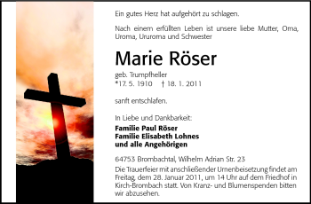 Traueranzeige von Röser Marie von Odenwälder Echo
