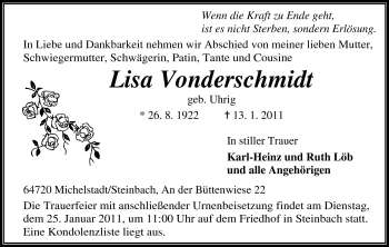 Traueranzeige von Lisa Vonderschmidt von Odenwälder Echo