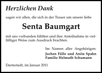 Traueranzeige von Senta Baumgart von Darmstädter Echo, Odenwälder Echo, Rüsselsheimer Echo, Groß-Gerauer-Echo, Ried Echo