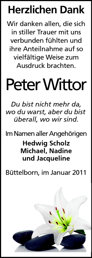 Traueranzeige von Peter Wittor von Rüsselsheimer Echo, Groß-Gerauer-Echo, Ried Echo