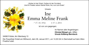 Traueranzeige von Ine Emma Meline Frank von Darmstädter Echo, Odenwälder Echo, Rüsselsheimer Echo, Groß-Gerauer-Echo, Ried Echo