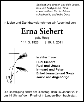 Traueranzeige von Erna Siebert von Odenwälder Echo