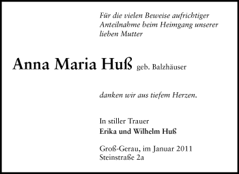 Traueranzeige von Anna Maria Huß von Rüsselsheimer Echo, Groß-Gerauer-Echo, Ried Echo