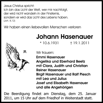 Traueranzeige von Johann Hasenauer von Echo-Zeitungen (Gesamtausgabe)