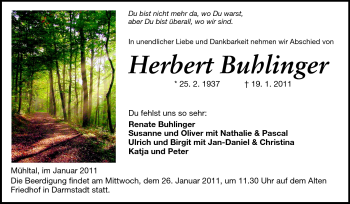 Traueranzeige von Herbert Buhlinger von Echo-Zeitungen (Gesamtausgabe)
