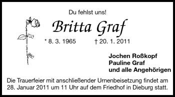 Traueranzeige von Britta Graf von Echo-Zeitungen (Gesamtausgabe)