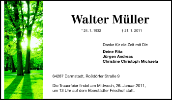 Traueranzeige von Walter Müller von Echo-Zeitungen (Gesamtausgabe)