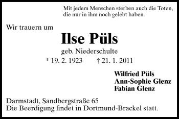 Traueranzeige von Ilse Püls von Darmstädter Echo, Odenwälder Echo, Rüsselsheimer Echo, Groß-Gerauer-Echo, Ried Echo