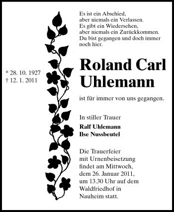 Traueranzeige von Roland Carl Uhlemann von Rüsselsheimer Echo, Groß-Gerauer-Echo, Ried Echo