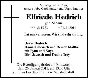 Traueranzeige von Elfriede Hedrich von Darmstädter Echo, Odenwälder Echo, Rüsselsheimer Echo, Groß-Gerauer-Echo, Ried Echo