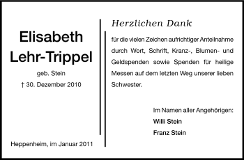 Traueranzeige von Elisabeth Lehr-Trippel von Starkenburger Echo