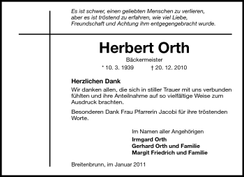 Traueranzeige von Herbert Orth von Odenwälder Echo
