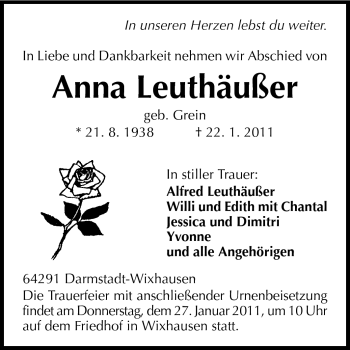 Traueranzeige von Anna Leuthäußer von Darmstädter Echo, Odenwälder Echo, Rüsselsheimer Echo, Groß-Gerauer-Echo, Ried Echo