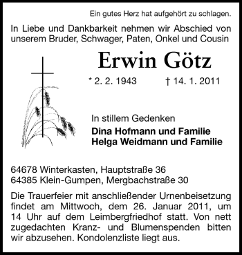 Traueranzeige von Erwin Götz von Odenwälder Echo