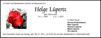 Traueranzeige von Helge Lüpertz von Darmstädter Echo, Odenwälder Echo, Rüsselsheimer Echo, Groß-Gerauer-Echo, Ried Echo