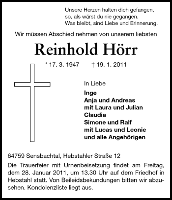 Traueranzeige von Reinhold Hörr von Odenwälder Echo