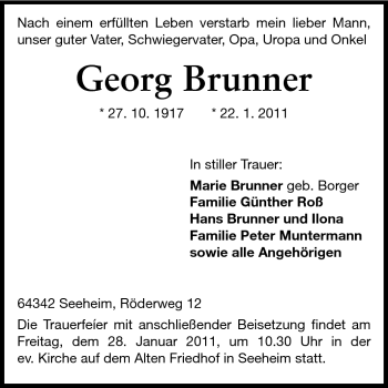 Traueranzeige von Georg Brunner von Echo-Zeitungen (Gesamtausgabe)