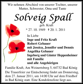 Traueranzeige von Solveig Spall von Echo-Zeitungen (Gesamtausgabe)