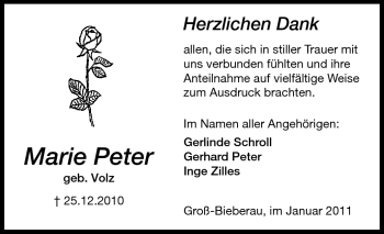 Traueranzeige von Marie Peter von Echo-Zeitungen (Gesamtausgabe)